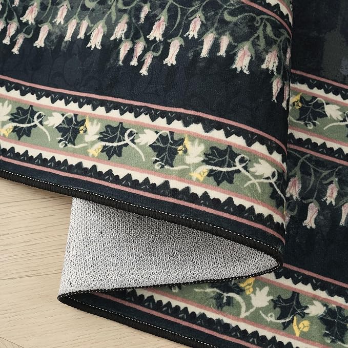 3x5 Washable Rug Impressionist-Style Vintage Non Slip Low Pile Small Carpet for Bedroom Bedside Kitchen Entryway Kids Room Office College Dorm Essentials for Girls, Green