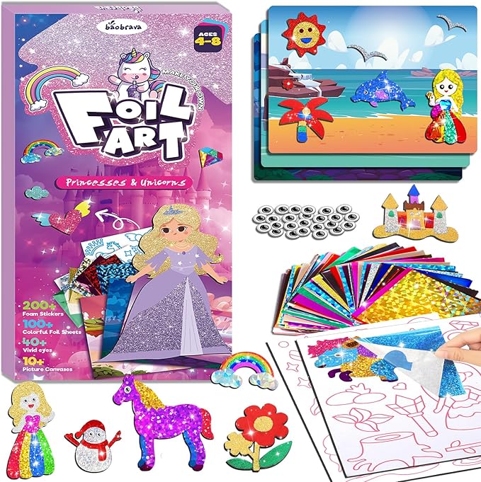 Baobrava Foil Art Fun Kit for Kids - DIY Toy Unicorn Princess Foil Art Craft Activity for Kids, Foam Stickers Fun Craft Kits & Supplies, Creative Christmas Birthday Gifts Travel Toys for 4 and Up