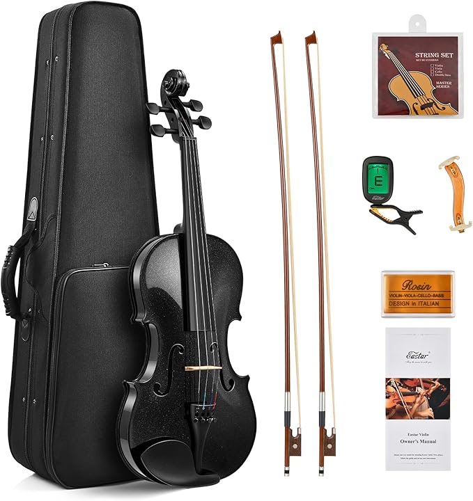 Eastar 4/4 Violin Set Full Size Fiddle Solidwood for Adults with Hard Case, Shoulder Rest, Rosin, Two Bows, Clip-on Tuner and Extra Strings, Black