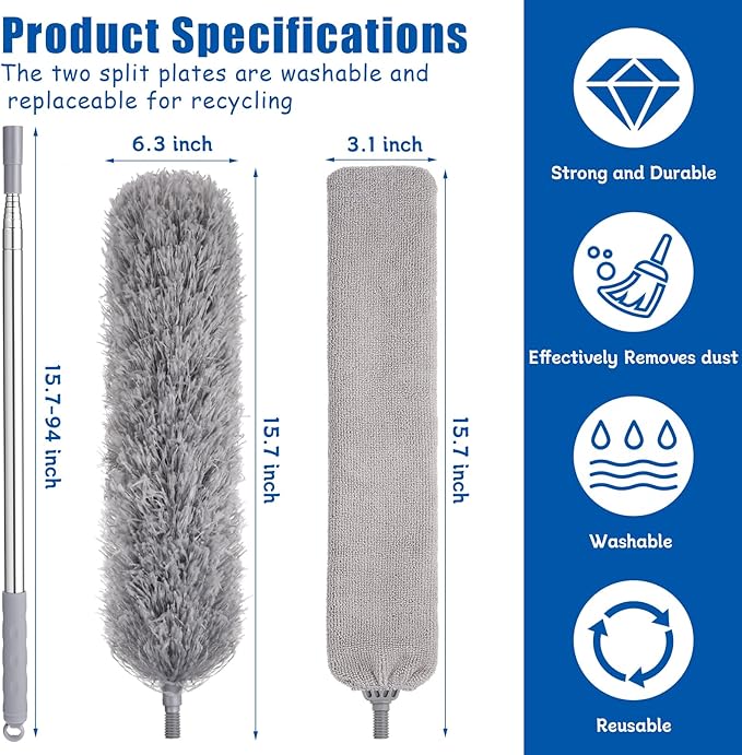 Feather Duster Set (4 Pieces), 30-100 inch Microfiber Retractable Gap Duster for Cleaning Ceilings, Furniture Refrigerators and Under Sofas
