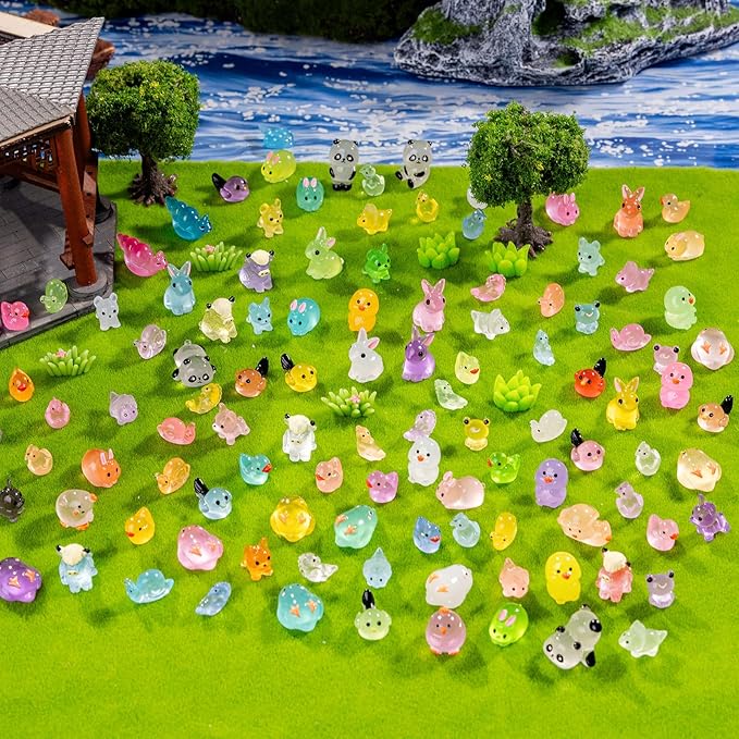 110 Pack Mini Animals Tiny Animal Figurines Bulk for Miniature Glow in Night Dollhouse Decor Accessories Garden Aquarium Potted Ornament Party DIY Charms Office Classroom Activity to Hide