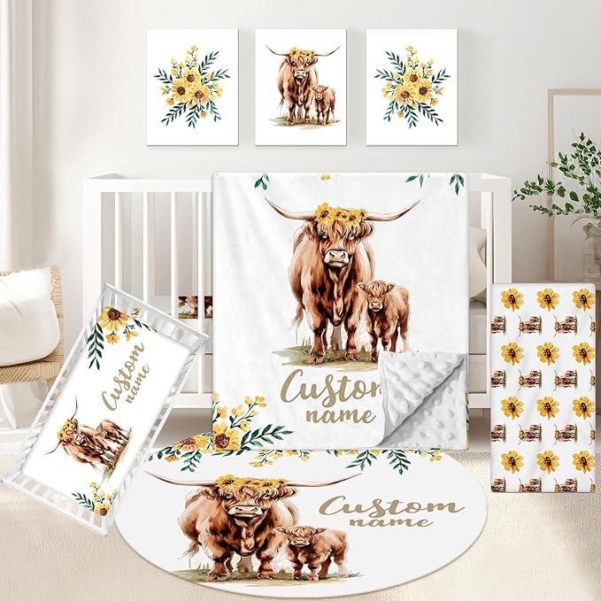 Personalized Baby Crib Bedding Set, 5 Pcs Custom Name Bedding Set, Double Layer Nursery Bedding Set for Boy Girl, Highland Cow Baby Crib Set, Gift for Toddlers Infants New Parents