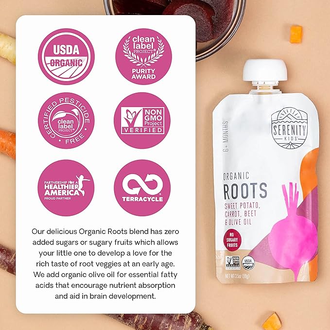 Serenity Kids 6+ Months USDA Organic Veggie Puree Baby Food Pouches | No Sugary Fruits or Added Sugar | Allergen Free | 3.5 Ounce BPA-Free Pouch | Roots | 1 Count