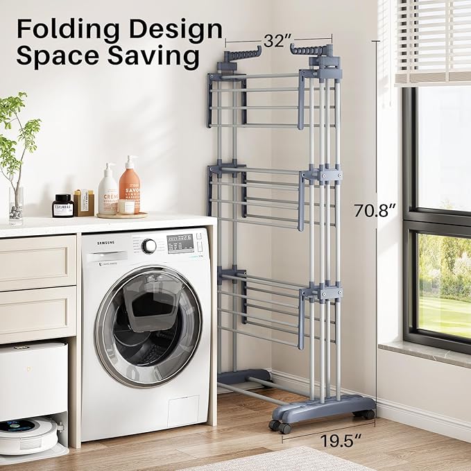 Kitstorack Clothes Drying Rack - Foldable Movable Clothes Rack Drying 30.0" W to 59.0" W Extensible Drying Rack Clothing Oversized 4-Tier Stainless Steel Large Clothes Rack Drying Indoor and Outdoor