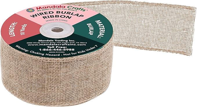 Mandala Crafts Natural Burlap Wired Ribbon 1.5 Inches Wide Jute Ribbons for Crafts - 10 Yds Roll Rustic Burlap Wrap Trim Ribbons for Wreaths Bows Party Decoration