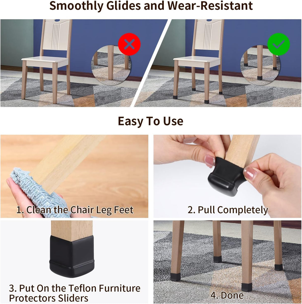 Ezprotekt 24 Pcs Chair Leg Sliders for Carpet, Square Black Chair Glides Teflon Furniture Pads, Bar Stool Leg Protectors Caps for Rug - for Dining Table, Couch, Patio Legs (M Fit: 0.75" - 1")