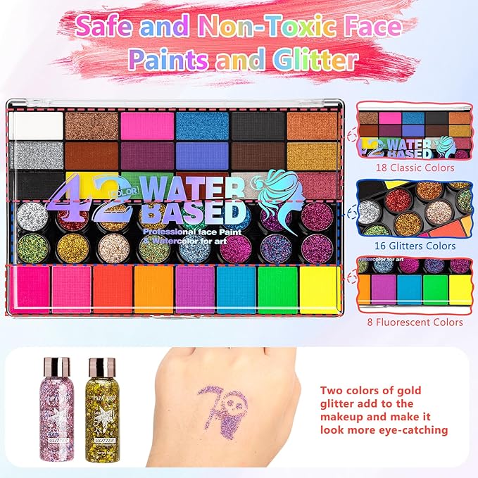Halloween Face Painting Kit, 42 Color Non-Toxic Water Face Paint Kit with Brushes Gems Stencils, Professional Face Paint for Party, Creative Activity, Birthdays, Halloween Christmas Makeup Kit