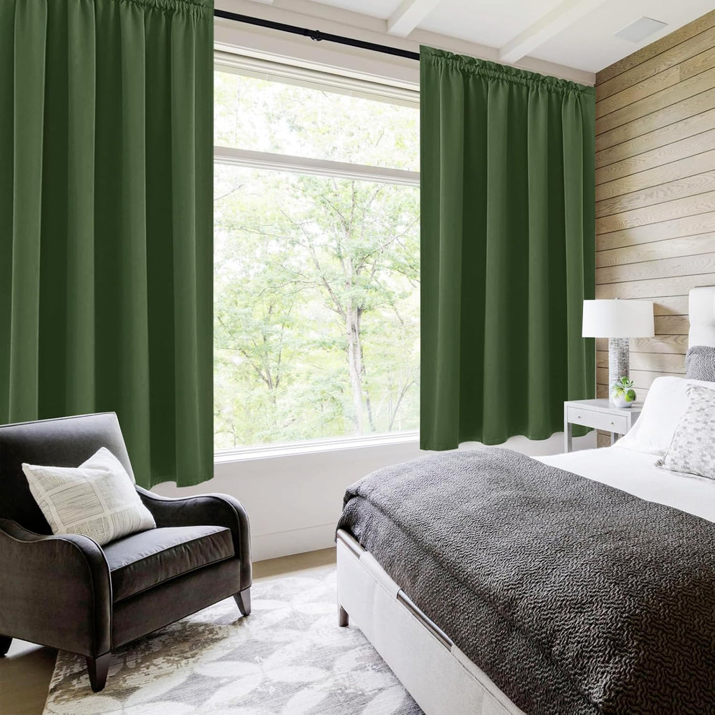 DWCN Blackout Curtains for Living Room Thermal Insulated, Energy Saving & Noise Reducing Bedroom Curtains, Olive Green, W 52x L 36 Inch, Set of 2 Rod Pocket Curtain Panels