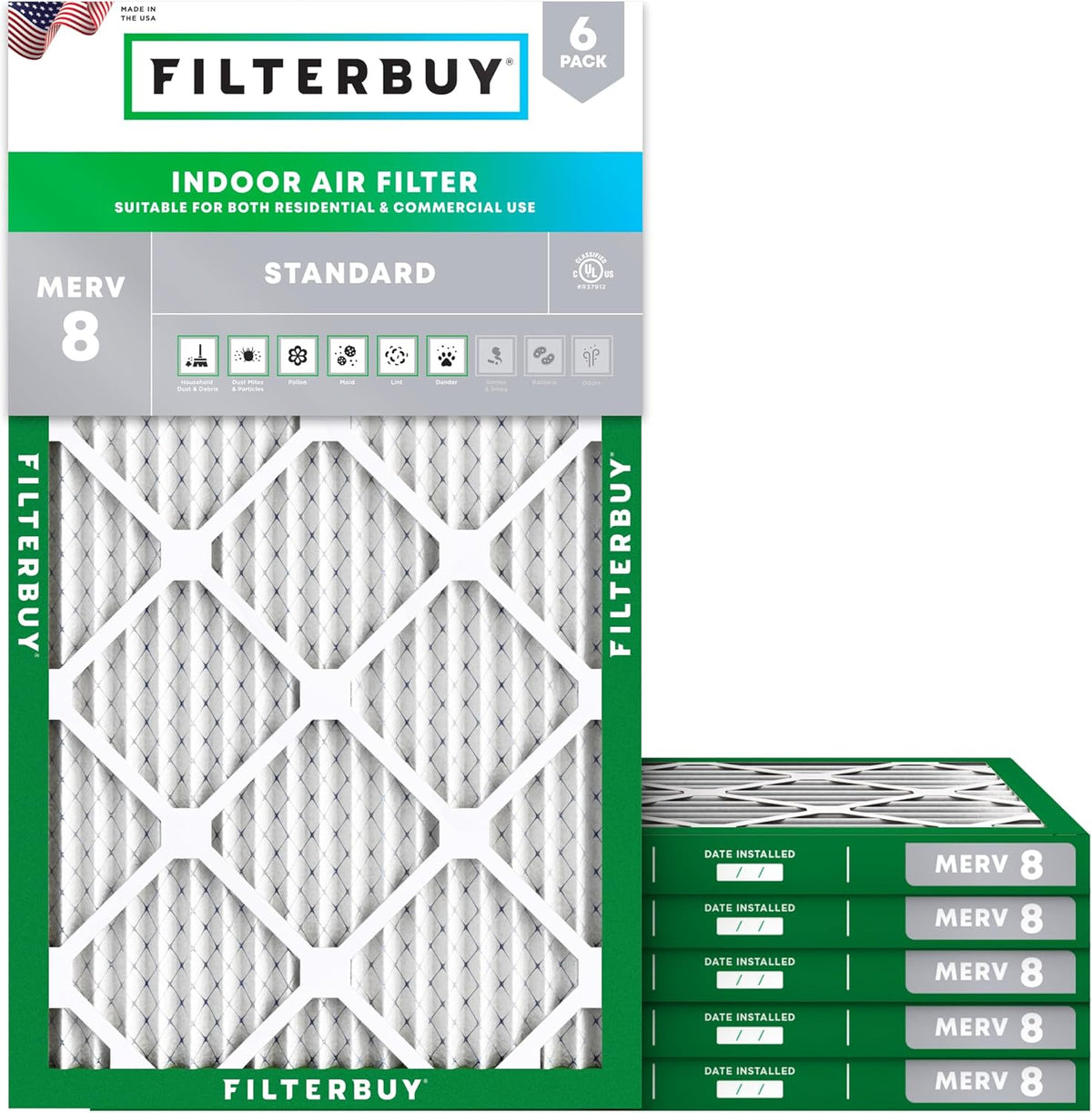 Filterbuy 14x22x1 Air Filter MERV 8 (MPR 700) Dust Defense Replacement (6-Pack), Electrostatic Pleated HVAC AC Furnace Filters, Made in USA (Actual Size: 13.50 x 21.50 x 0.75)