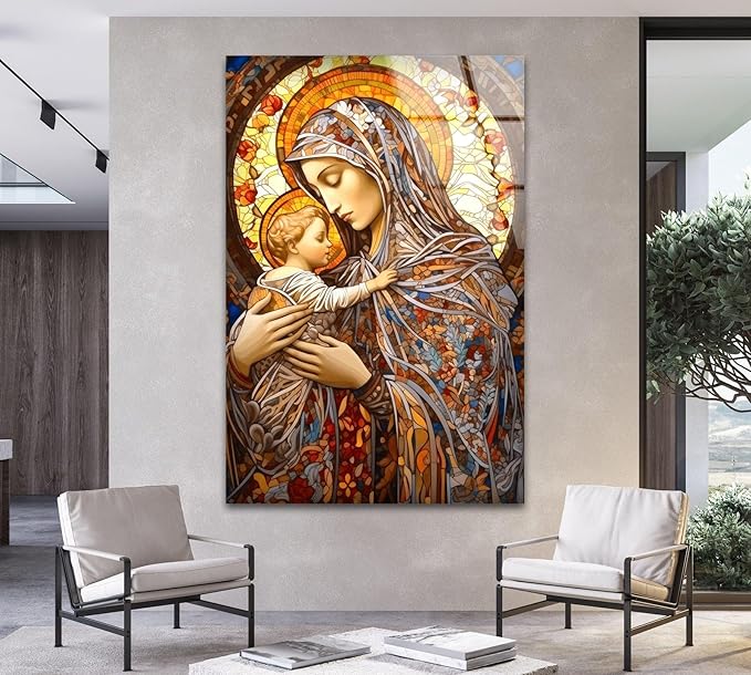 My Photostation.com Round 24'' Jesus and Virgin Mary Glass Wall Art Tempered Glass Printing Wall Decor Large Wall Art Wall Hangings