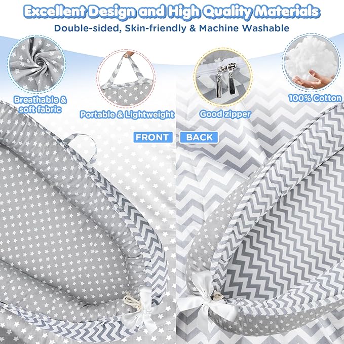 Baby Lounger - Baby Lounger for Newborn 0-24 Months, Breathable and Soft Cotton Cover Baby Nest, Portable Cozy Tummy Time Lounger for Home and Travel, Ideal Baby Essentials & Shower Gifts