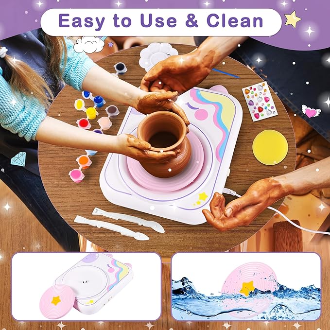 Pottery Wheel for Kids，Art Supplies Arts & Crafts Kit, Crafts Toys for Girls 8-12, Pottery Studio Craft Kit with 4 Pack Air-Dry Clay,Girls Toys Birthday Christmas Gift for Kids Ages 6 7 8 9 10 11 12+