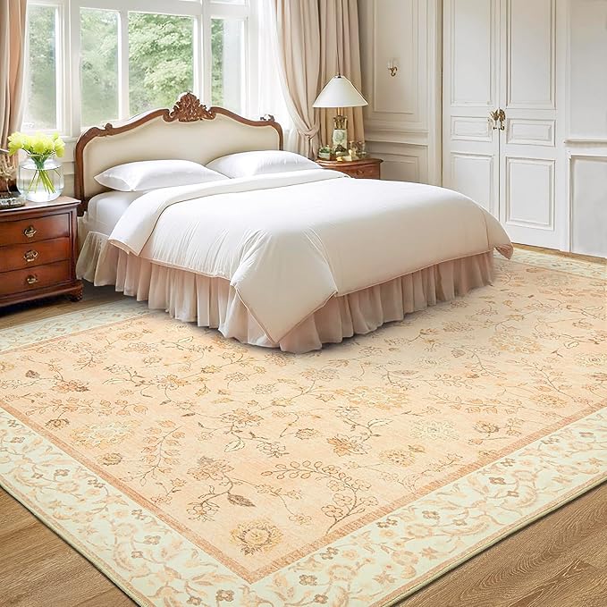 LOCHAS Washable Area Rugs 4x6, Peach Floral Rug for Living Room Bedroom Non Slip, Ultra Soft Vintage Indoor Carpet for Kids, Nursery, Dorm, Dining Room, Classroom, Boho Flower Home Decor, Low-Pile