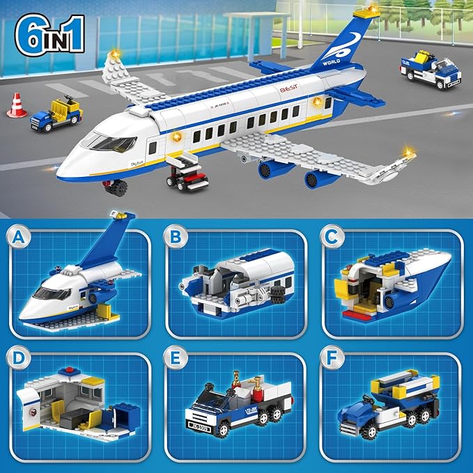 516 Pcs City Passenger Airplane Building Set, 6 IN1 Plane Building Blocks Toys, STEM Aircraft Bricks with Shuttle Bus, Baggage Truck,Airplanes Model Toys Gifts for Adults Boys Girls Age 6-12+