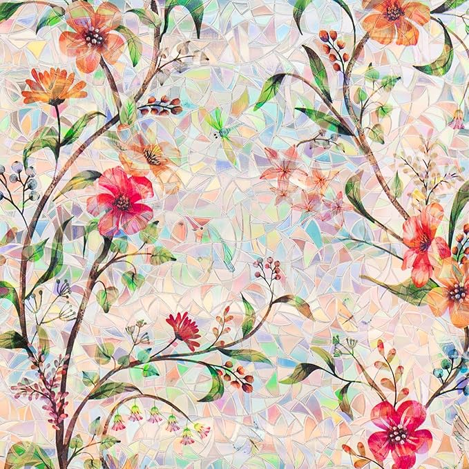 Stained Glass Window Film Static Cling Door Privacy Film Decorative Flowers Green Leaves Window Decals Stickers Heat Control Anti UV for Home and Office,17.5 inches by 78.7 inches