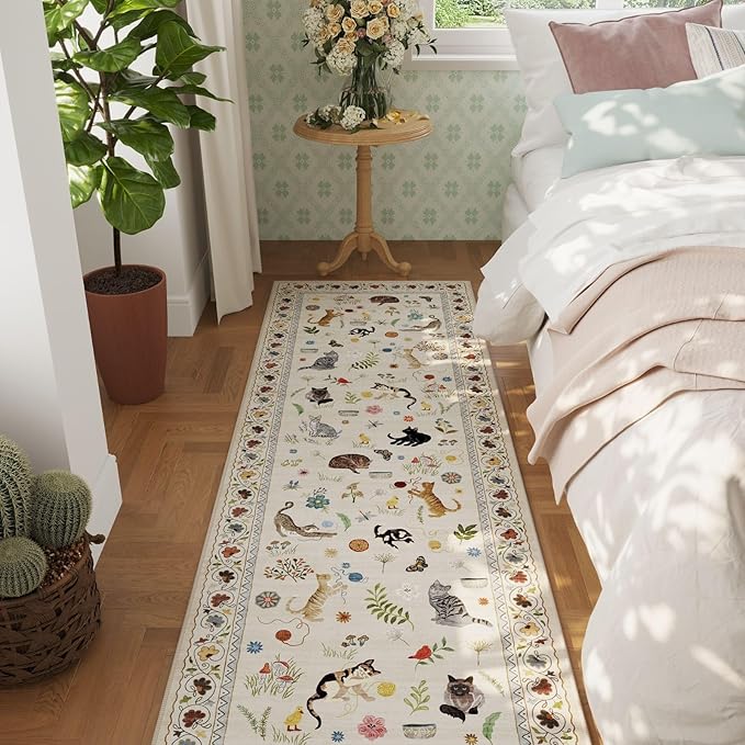 Rugcomf Runner Rug for Kitchen Non Slip 2'x6' Washable Rugs with Rubber Backing Soft Floral Animal Cat Carpet for Kitchen Laundry Bedroom Bathroom, Beige
