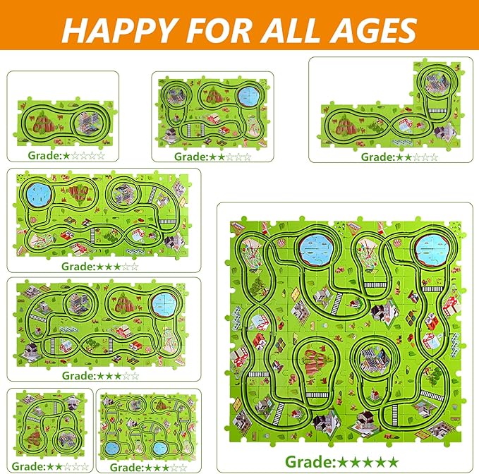 64 PCS Puzzle Race Track Car Set: Toddlers Kids Boys Girls Toys & Gifts for 3 4 5 6 Year Old | Puzzle Tracks Car Toys | with 3 Small Cars Toy and Roadblocks | Play & Learn Toy | Kid for Ages 3-5 4-6