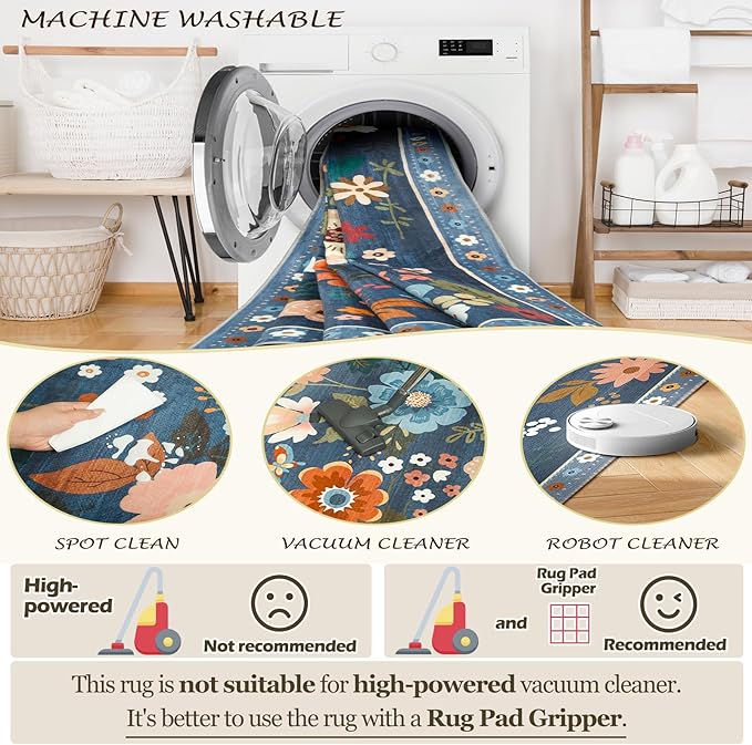 Floral 4x6 Area Rug Machine Washable Soft Print Boho Carpet Non Slip Doormat Low Pile Flower Area Rugs for Living Room Bedroom Nursery Kitchen Dining Room Indoor-Blue/Grey