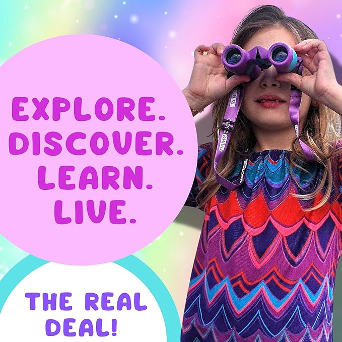 Kids Binoculars 8x21 Pink- Girls Age 3-12, Shock Proof Compact Binoculars for Kids Set- Neck Strap, Compass, Carabiner, Case- High-Resolution Optics Child Gift Toy for Bird Watching, Hiking, Spy