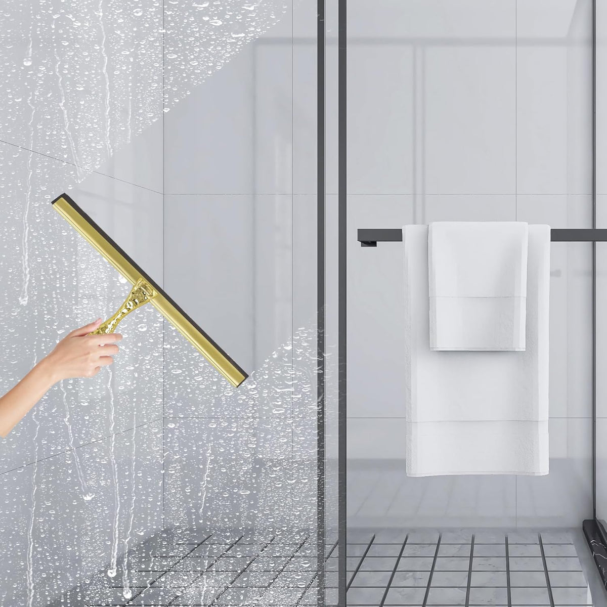 All-Purpose Silicone Shower Squeegee for Shower Glass Door,with 1 Hooks,for Bathroom Glass, Car, Tile Wall, Mirror Cleaning - Flower Shaped Handle for Easy-Grip 10 Inch Golden