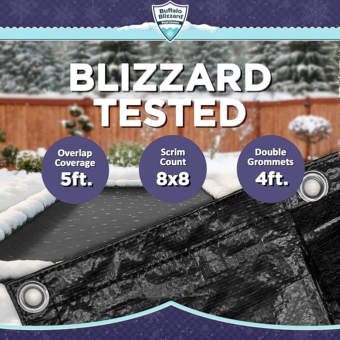 Buffalo Blizzard Deluxe Winter Cover for 20 ft x 45 ft Rectangle Inground or Above Ground Swimming Pools | Blue/Black Reversible | 5-Foot Additional Material