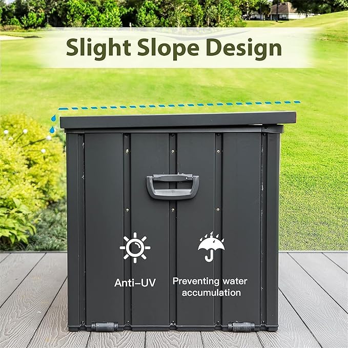 LANTRO JS 150 Gallon Metal Deck Box, Outdoor Storage Box Waterproof with Wheels, Lockable Storage Container for Patio Furniture Cushions Garden Tools, Dark Gray