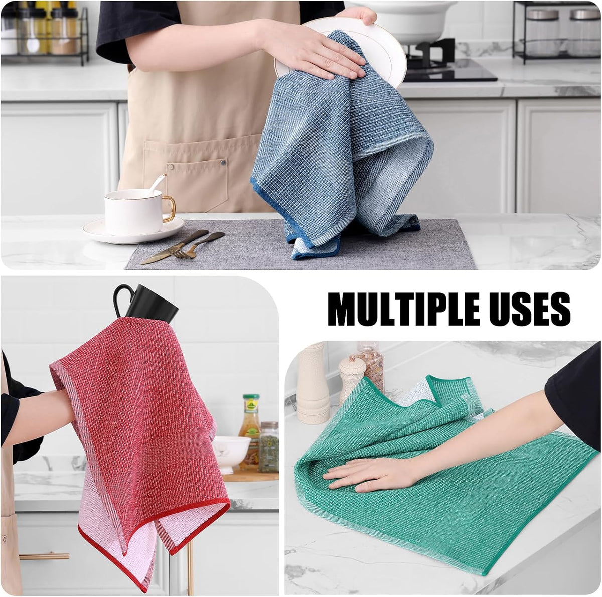 Homaxy Premium Kitchen Towels(18”x 28”, 12 Pack), Large Cotton Kitchen Hand Towels, Flat and Terry Dish Towels, 380 GSM Highly Absorbent Tea Towel Set with Hanging Loop, Navy Blue/Red/Green
