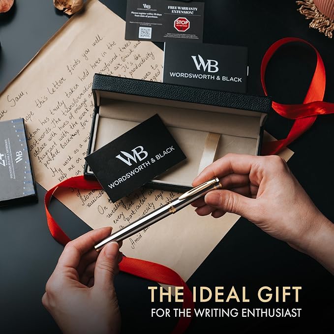 Wordsworth & Black Fountain Pen Set, Medium Nib, Includes 24 Ink Cartridges and Ink Refill Converter, Gift Case, Journaling, Calligraphy, Smooth Writing Pens [Silver Gold], Perfect for Men and Women