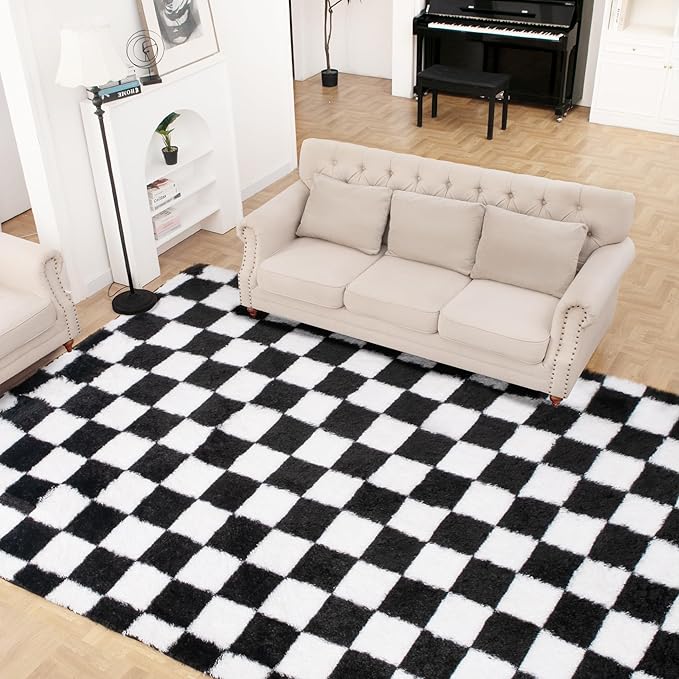 Super Soft Rug for Bedroom, 5x7 Ft Black and White Area Rug Classic Checkered Shaggy Anti-Skid High Pile Soft Fluffy Rug Fuzzy Carpet for Living Room Bedroom Kids Room Nursery, Dorm Home Decor