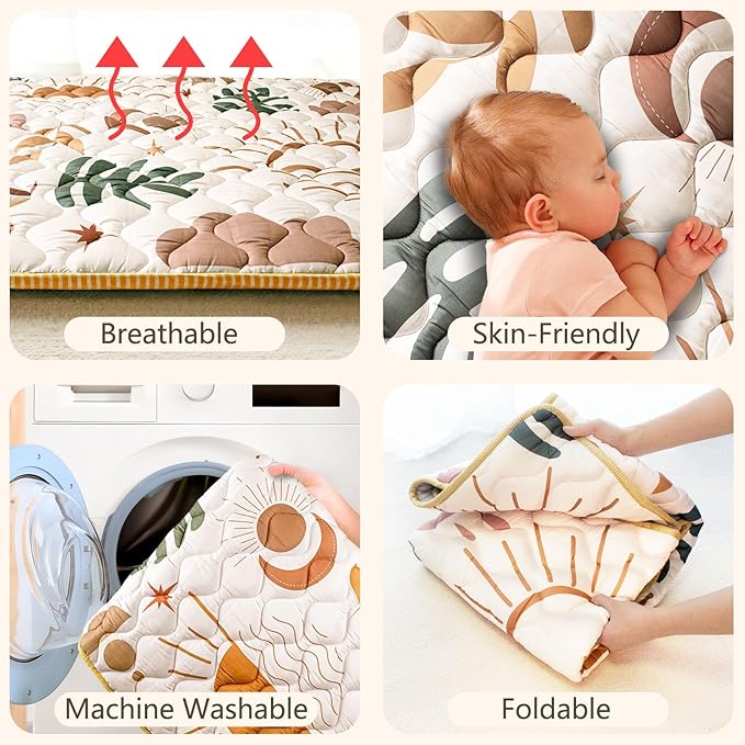 Baby Play Mat, 50x50 Playpen Mat with Super Soft Touch, Activity Mat with Upgraded Anti-Slip Bottom, Machine Washable Crawling Mat for Floor & Picnic(Boho Nature)