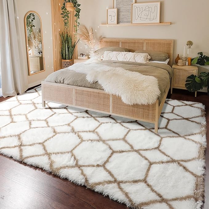 ONASAR Large Area Rugs for Living Room, 7x10 White and Beige Bedroom Rug, Washable Geometric Boho Soft Plush Shaggy Fuzzy Floor Carpet Mat for Nursery Kids Girls Boys Teen Dorm Home Decor
