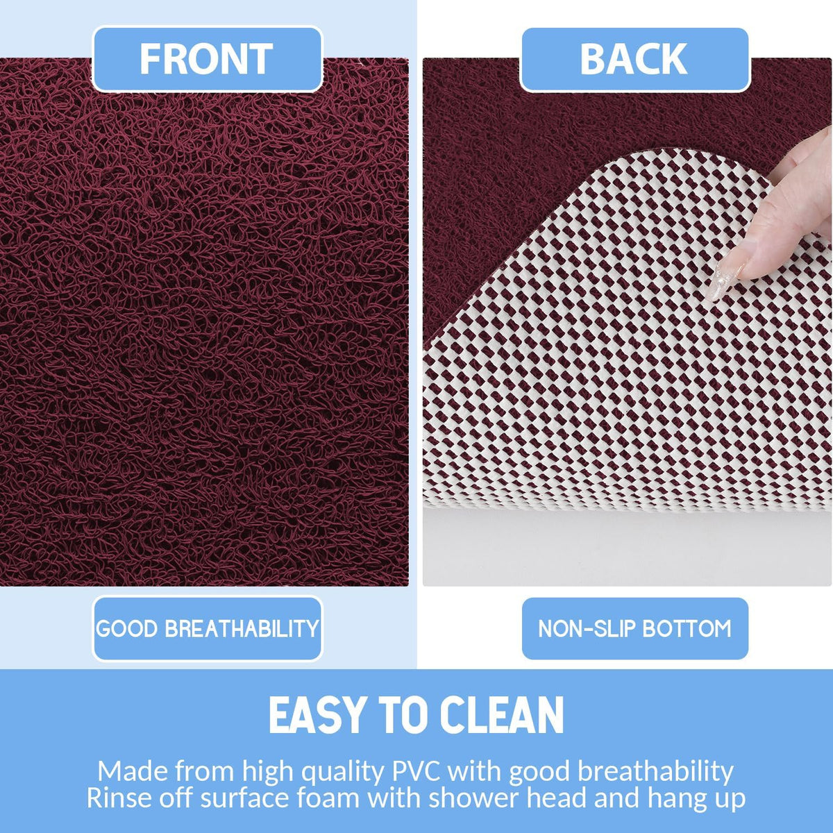 Non-Slip Bathtub Mat, Anti Slip Shower Mat, Fast Drying Bathtub Mats, Foot Scrubber Mat, Anti Slip Mat for Tub, Floor, Bathroom, Kitchen, Home, Hotel (Wine Red 32"×17")