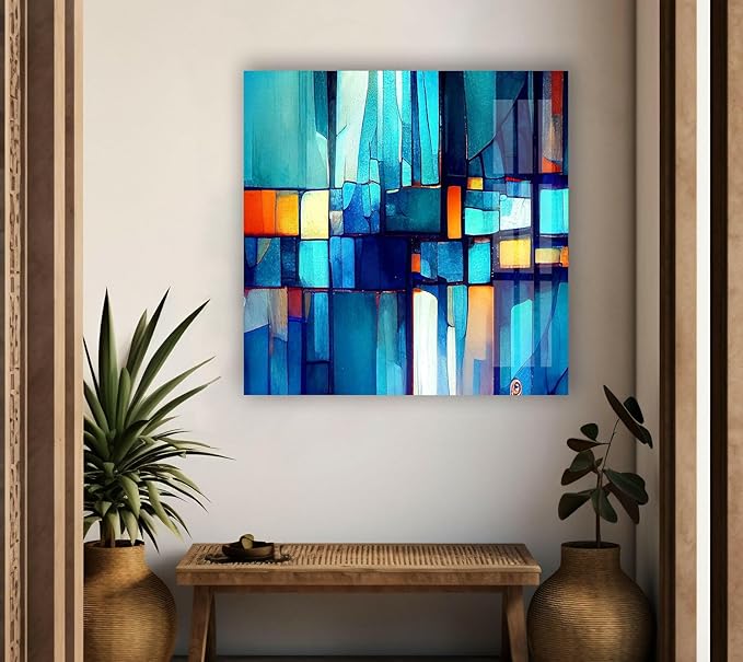 My Photostation.com 20Wx14H'' Blue Vibrant Stained Glass Wall ArtTempered Glass Printing Wall Decor Large Wall Art Wall Hangings