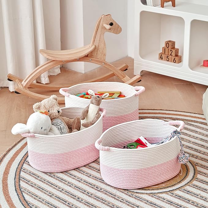 Storage Baskets for Organizing | 15"x10.2"x9.1" - 1 Pack Nursery Bin with Handles - Woven Cotton Rope Baskets for Dog Toys, Books, Shelf, Bathroom,Closet -Pink Basket for Girls