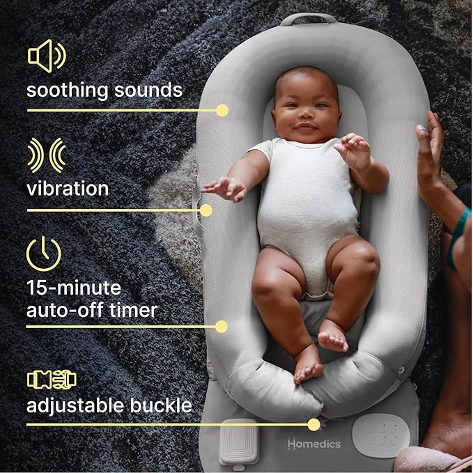 MyBaby 3-in-1 Calming Baby Cushion, Soothing Comfort for Newborns & Infants, Snuggling Sensation, Sound and Vibration, Designed for Safety, Rechargeable & Machine-Washable, by Homedics, Gray