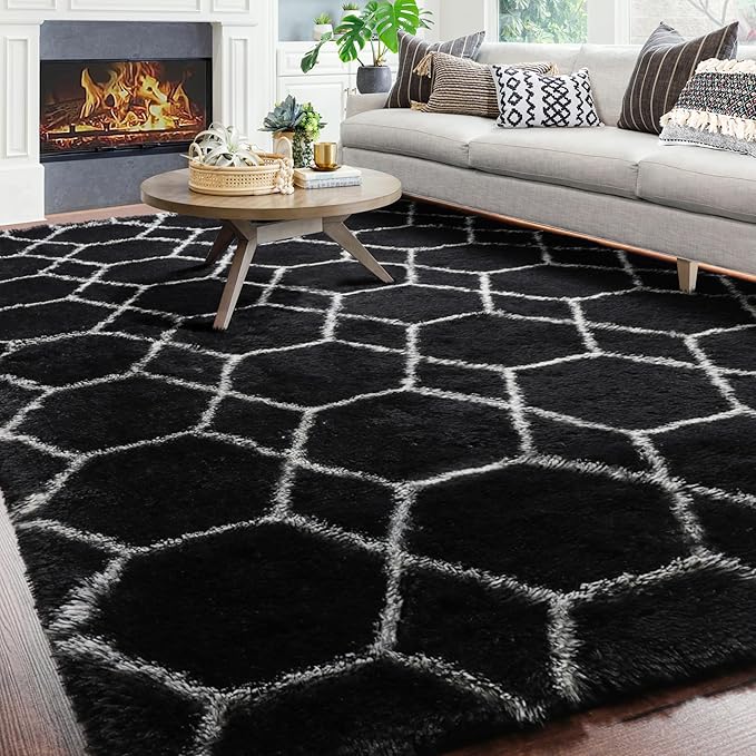 ONASAR 8x10 Area Rugs for Living Room, Fluffy Black and White Bedroom Rug, Washable Geometric Boho Large Soft Plush Shaggy Fuzzy Floor Carpet for Nursery Kids Classroom Playroom Dorm Home Decor