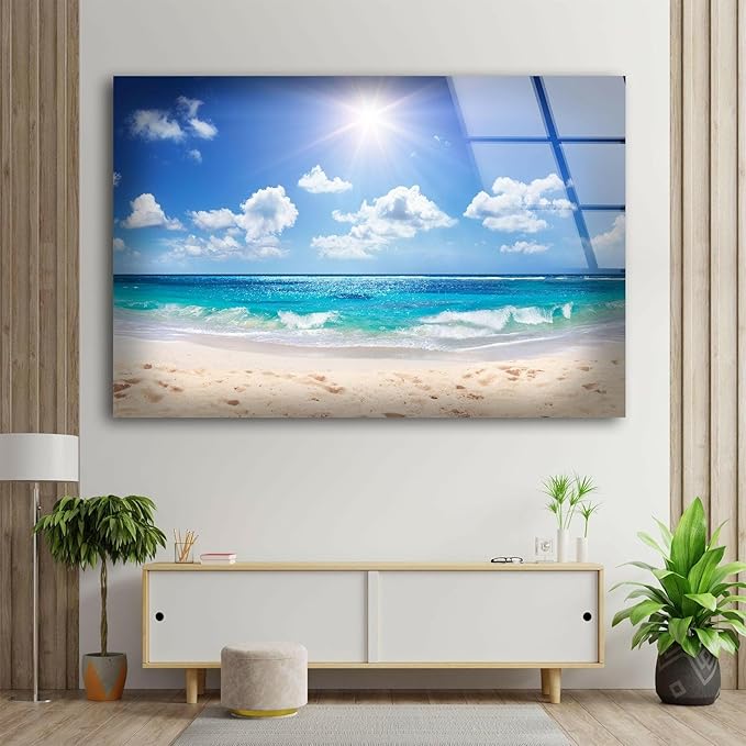 My Photostation.com 30Wx24H'' Summer Beach Landscape Glass Wall ArtTempered Glass Printing Wall Decor Large Wall Art Wall Hangings
