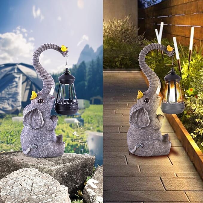 ILLUMINEW Solar Outdoor Garden Decor Elephant Statues Lights, Lucky Elephant Unique Mom Birthday Gifts for Mom, Housewarming Gifts and Yard Decoration, Cute Birds Garden Sculpture Decor