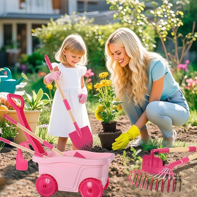 Duckura Kids Gardening Tools Set - 7pcs Wheelbarrow Set for Kids with Shovel, Rake, Leaf Rake, Summer Outdoor Yard Digging Weed Toys, Halloween Birthday Gifts for Boys Girls Age 2 3+ Years Old(Pink)