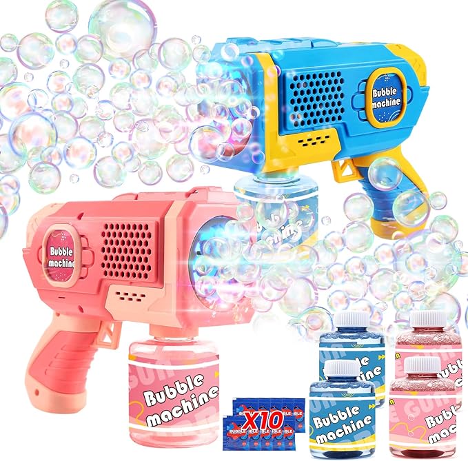 EagleStone 2 Pack Bubble Gun Machine for Kids, Automatic Light Up Bubble Blower with 4 Bottles 10 Bags Refill Solution, Bubble Guns Blaster for Toddlers, Outdoor Toys Gifts, Wedding Easter Party Favor