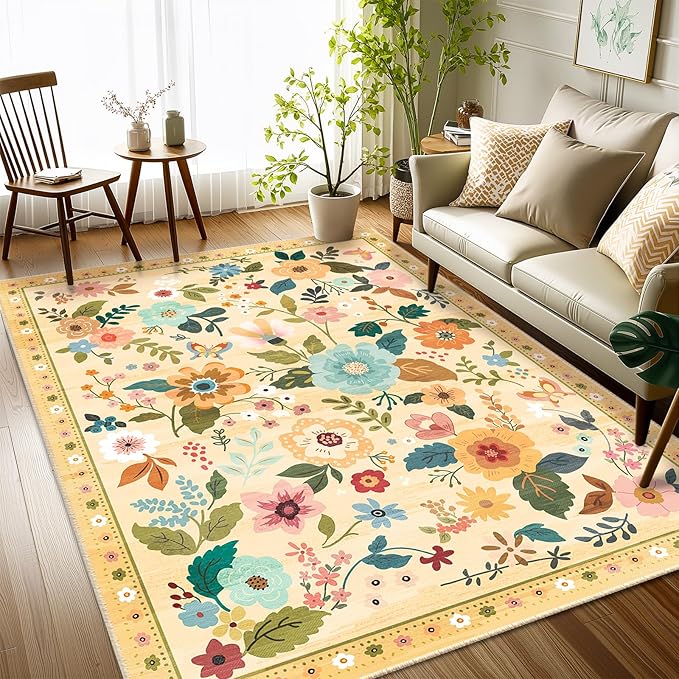 Floral 4x6 Area Rug Machine Washable Soft Print Boho Carpet Non Slip Doormat Low Pile Flower Area Rugs for Living Room Bedroom Nursery Kitchen Dining Room Indoor-Ivory/Yellow