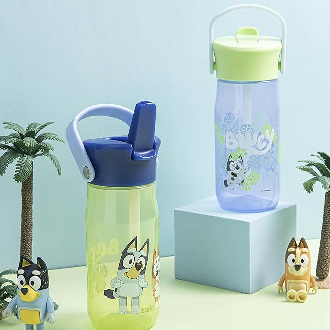 Zak Designs Harmony Bluey Water Bottle for Travel or At Home, 18oz Recycled Plastic is Leak-Proof When Closed with Straw Lid and Carry Handle, 2-Pack (Bluey and Bingo)