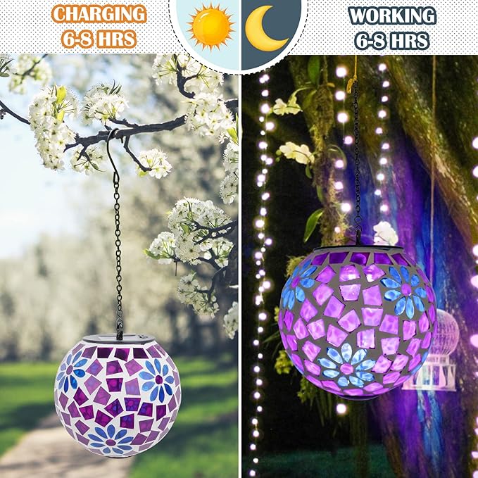 Solar Hanging Lantern Solar Outdoor Lanterns Mosaic Gazing Ball Outdoor Hanging Lights Outdoor Lights Waterproof Garden, Patio, Pathway & Yard Décor Purple