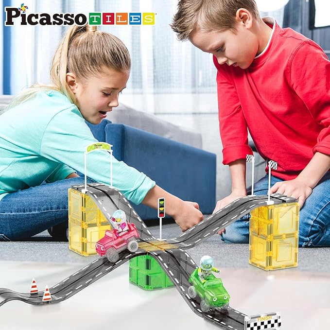 PicassoTiles Magnet Tile Race Car Track Construction Building Block Toy Kit with Character Action Figures and Racing Cars Magnetic Tiles STEM Educational Learning Pretend Play Blocks Kids Age 3+ PTR05