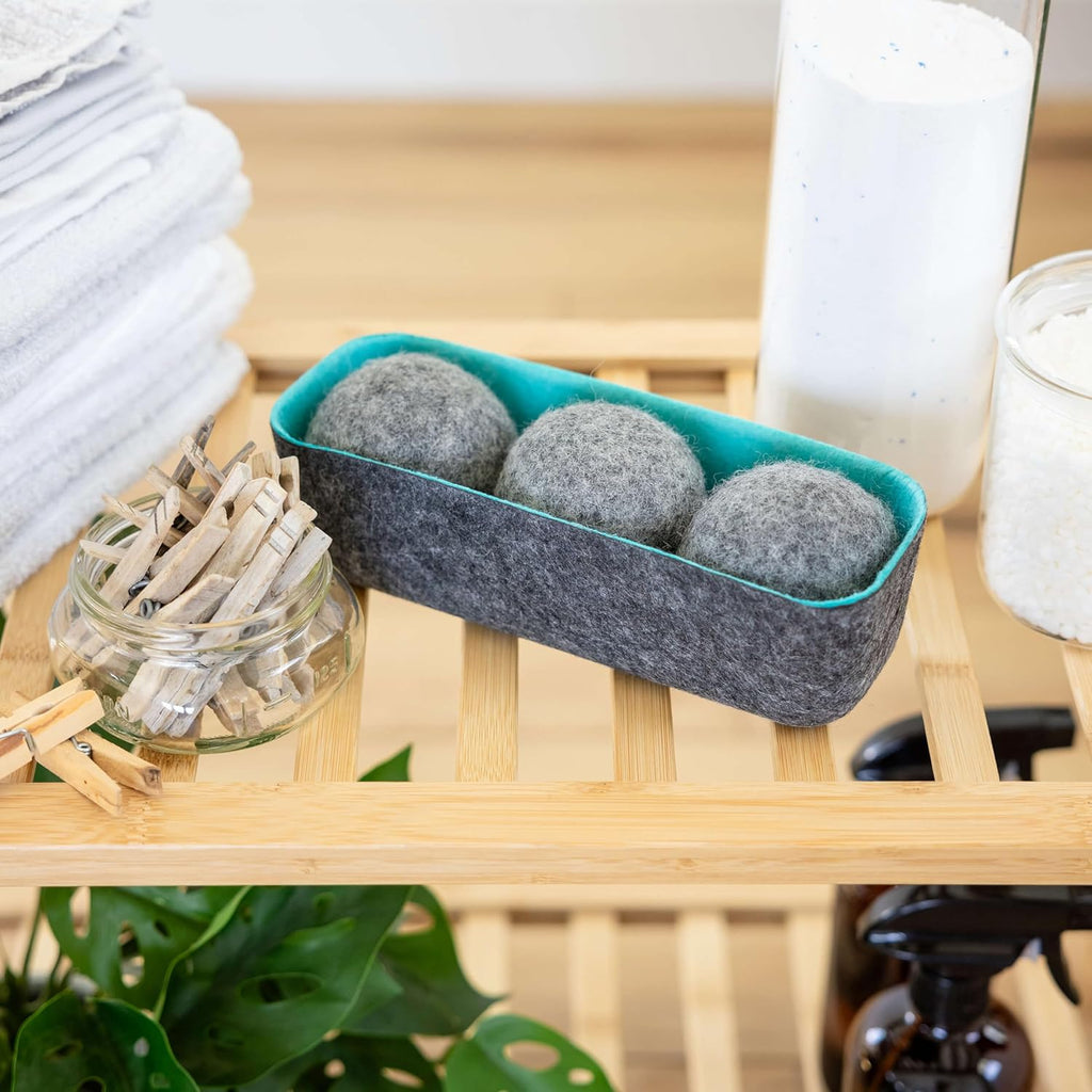 Three by Three Seattle Felt·Like·it!™ XL Wool Dryer Balls + Storage Bin: Reduce Drying Time, Static Cling, and Energy Use | Natural Alternative to Fabric Softeners | (Pack of 3 Grey Dryer Balls)