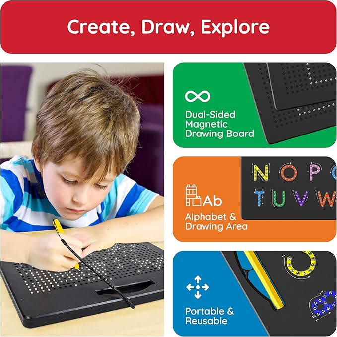PicassoTiles 2-in-1 Magnetic Drawing Board Toy 12x10 inch Large Magnet Bead Tablet Pad with 2 Facings Alphabet STEM Free Style Educational Erasable & Reusable Learning Writing Playboard in Black PTB04
