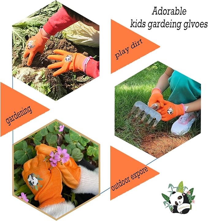 HANDLANDY 2 Pairs Kids Gardening Gloves, Toddler Children Garden Yard Work Outdoor Playing Gloves, Rubber Coating, for Girls Boys Youth (Size M, Orange)