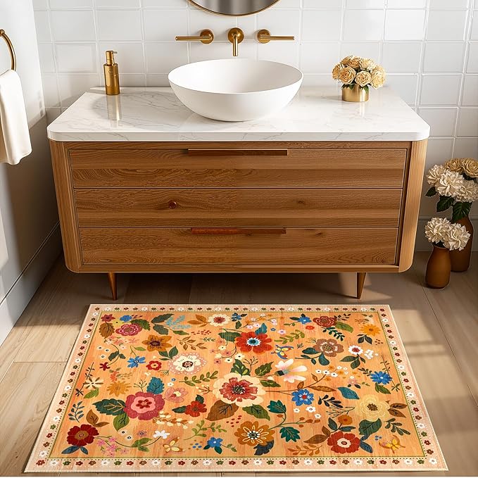 Floral 2x3 Area Rug Machine Washable Soft Print Boho Carpet Non Slip Doormat Low Pile Flower Area Rugs for Living Room Bedroom Nursery Kitchen Dining Room Indoor-Yellow/Orange