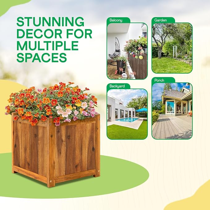 IDZO Acacia Wood Flower Planter Box for Outdoor Plants, 1pc Wooden Raised Garden Bed with Handles, Drainage Holes, Ideal for Garden and Home Décor, Light Cherry