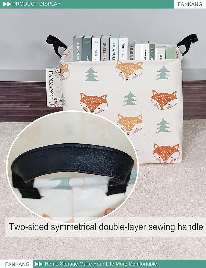 FANKANG Square Nursery Hamper Storage Bins Canvas Laundry Basket Foldable with Waterproof PE Coating Storage Baskets Gift Baskets for Children, Office, Bedroom, Clothes（Square-Fox）